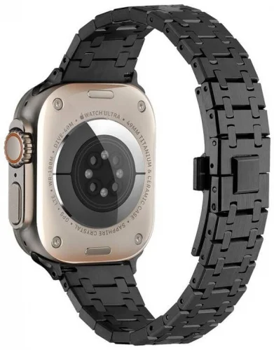 Apple Watch 42mm Kordon Şerit Tasarımlı Otomatik Klipsli Çelik KRD-83 - Gold