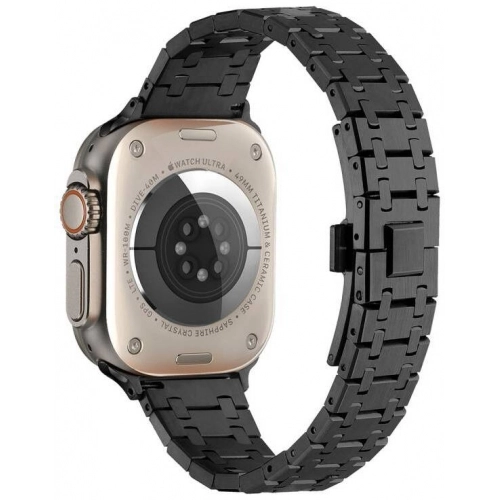 Apple Watch 42mm Kordon Şerit Tasarımlı Otomatik Klipsli Çelik KRD-83 - Siyah