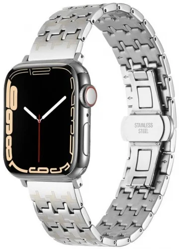 Apple Watch 42mm Kordon Zigzag Tasarımlı Düğme Klipsli Çelik KRD-86 - Gold