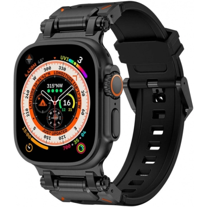 Apple Watch 42mm Silikon Kordon Titanyum Metal Başlıklı KRD-101  - Siyah