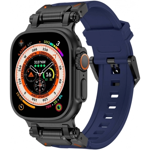 Apple Watch 42mm Silikon Kordon Titanyum Metal Başlıklı KRD-101 - Siyah-Mavi