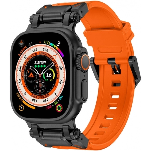 Apple Watch 42mm Silikon Kordon Titanyum Metal Başlıklı KRD-101 - Siyah-Turuncu