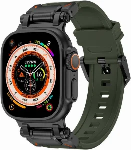 Apple Watch 42mm Silikon Kordon Titanyum Metal Başlıklı KRD-101  - Siyah-Yeşil