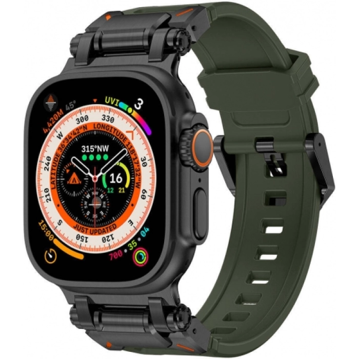 Apple Watch 42mm Silikon Kordon Titanyum Metal Başlıklı KRD-101  - Siyah-Yeşil