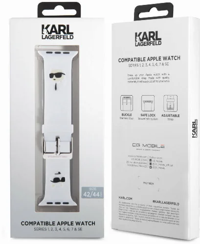 Apple Watch 44mm Karl Lagerfeld Orjinal Lisanslı İkonik Karl & Choupette Logolu Silikon Kordon - Beyaz