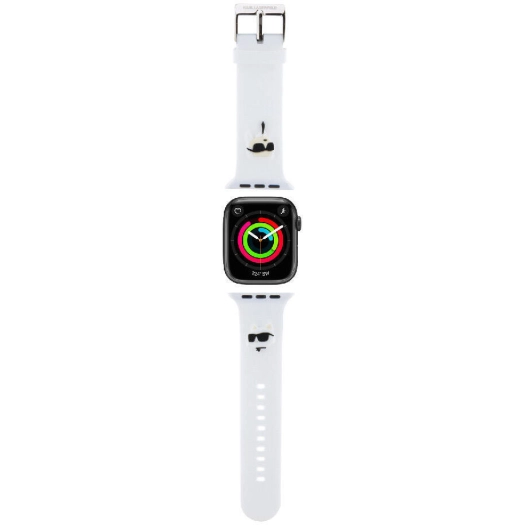 Apple Watch 44mm Karl Lagerfeld Orjinal Lisanslı İkonik Karl & Choupette Logolu Silikon Kordon - Beyaz