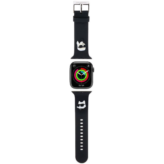 Apple Watch 44mm Karl Lagerfeld Orjinal Lisanslı İkonik Karl & Choupette Logolu Silikon Kordon - Siyah