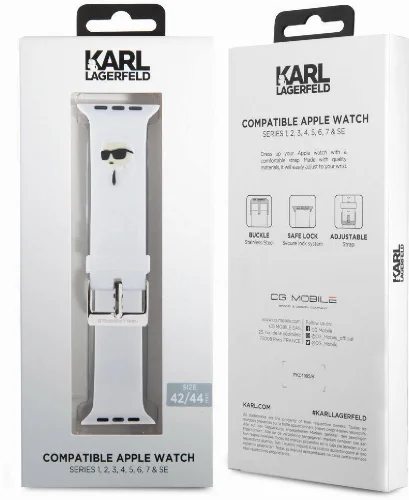 Apple Watch 44mm Karl Lagerfeld Orjinal Lisanslı İkonik Karl Head Logolu Silikon Kordon - Beyaz