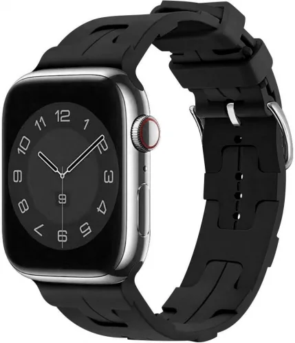Apple Watch 44mm Kordon Metal Toka Tasarımlı KRD-92 Silikon Kordon - Siyah