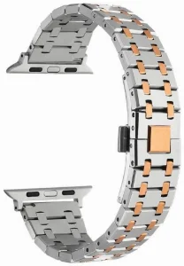 Apple Watch 44mm Kordon Şerit Tasarımlı Otomatik Klipsli Çelik KRD-83 - Gümüş - Rose