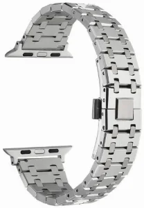 Apple Watch 44mm Kordon Şerit Tasarımlı Otomatik Klipsli Çelik KRD-83 - Gümüş