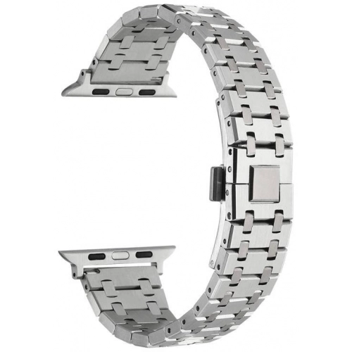 Apple Watch 44mm Kordon Şerit Tasarımlı Otomatik Klipsli Çelik KRD-83 - Gümüş