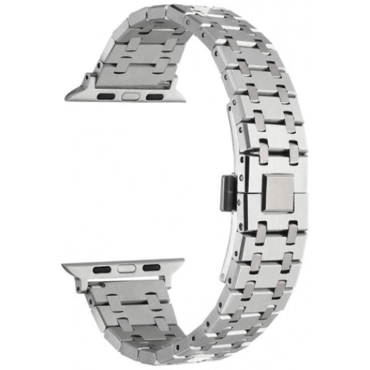 Apple Watch 44mm Kordon Şerit Tasarımlı Otomatik Klipsli Çelik KRD-83 - Gümüş