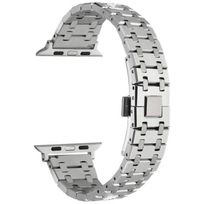 Apple Watch 44mm Kordon Şerit Tasarımlı Otomatik Klipsli Çelik KRD-83 - Gümüş