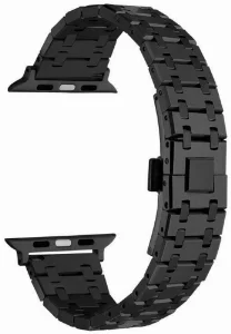 Apple Watch 44mm Kordon Şerit Tasarımlı Otomatik Klipsli Çelik KRD-83 - Siyah