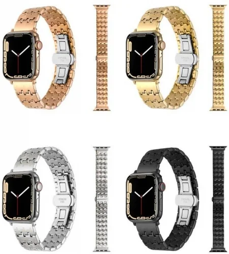 Apple Watch 44mm Kordon Zigzag Tasarımlı Düğme Klipsli Çelik KRD-86 - Gold