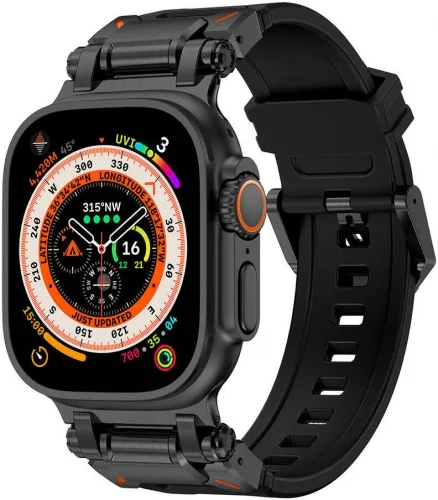 Apple Watch 44mm Silikon Kordon Titanyum Metal Başlıklı KRD-101  - Siyah