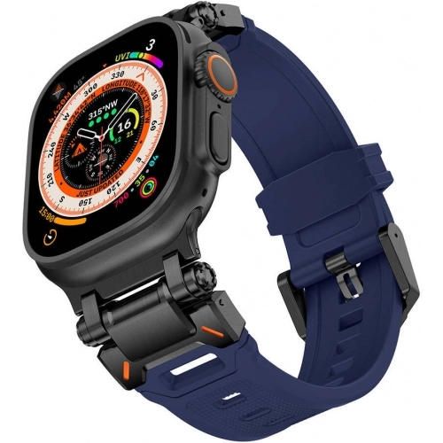 Apple Watch 44mm Silikon Kordon Titanyum Metal Başlıklı KRD-101 - Siyah