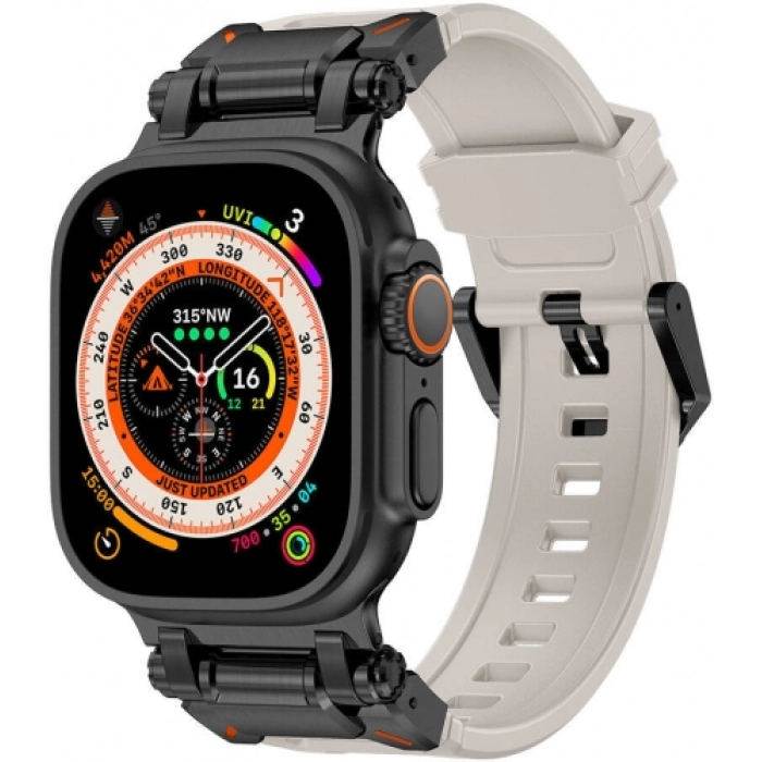 Apple Watch 44mm Silikon Kordon Titanyum Metal Başlıklı KRD-101  - Siyah-Starlight