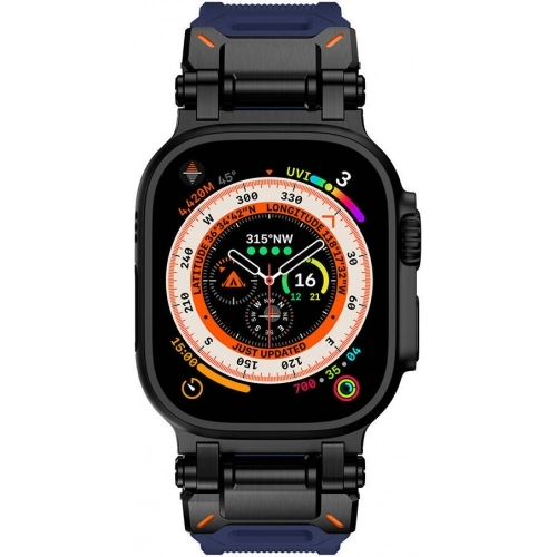 Apple Watch 44mm Silikon Kordon Titanyum Metal Başlıklı KRD-101  - Siyah-Yeşil