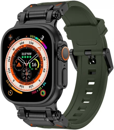 Apple Watch 44mm Silikon Kordon Titanyum Metal Başlıklı KRD-101  - Siyah-Yeşil