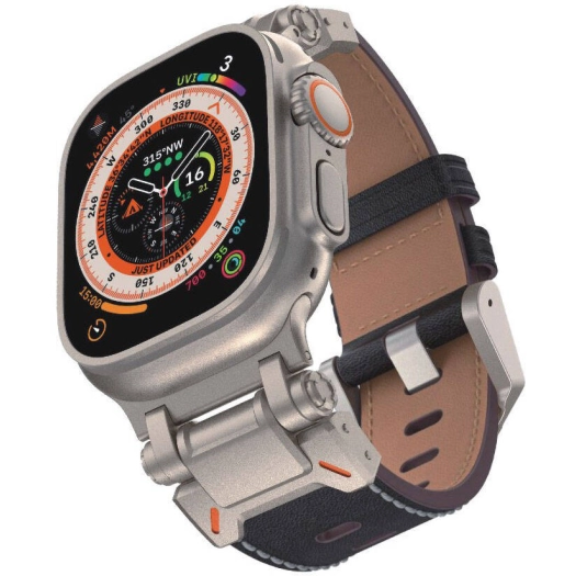 Apple Watch 44mm Zore KRD-114 Metal Başlıklı Suni Deri Kordon - Siyah