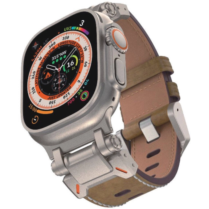 Apple Watch 44mm Zore KRD-114 Metal Başlıklı Suni Deri Kordon - Taba