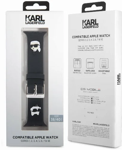 Apple Watch 7 41mm Karl Lagerfeld Orjinal Lisanslı İkonik Karl & Choupette Logolu Silikon Kordon - Siyah