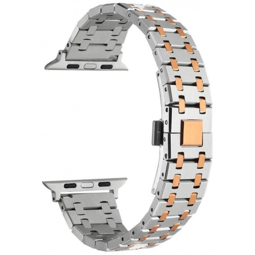 Apple Watch 7 41mm Kordon Şerit Tasarımlı Otomatik Klipsli Çelik KRD-83 - Gümüş - Rose