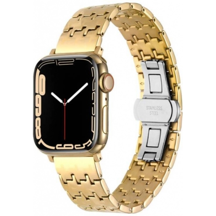 Apple Watch 7 41mm Kordon Zigzag Tasarımlı Düğme Klipsli Çelik KRD-86 - Gold