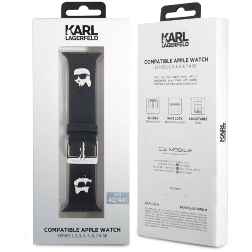 Apple Watch 7 45mm Karl Lagerfeld Orjinal Lisanslı İkonik Karl & Choupette Logolu Silikon Kordon - Siyah