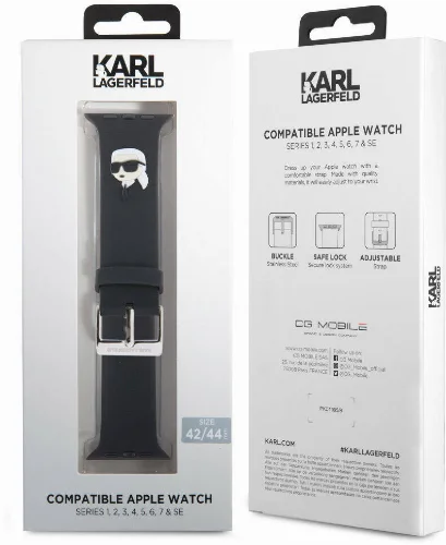 Apple Watch 7 45mm Karl Lagerfeld Orjinal Lisanslı İkonik Karl Head Logolu Silikon Kordon - Siyah