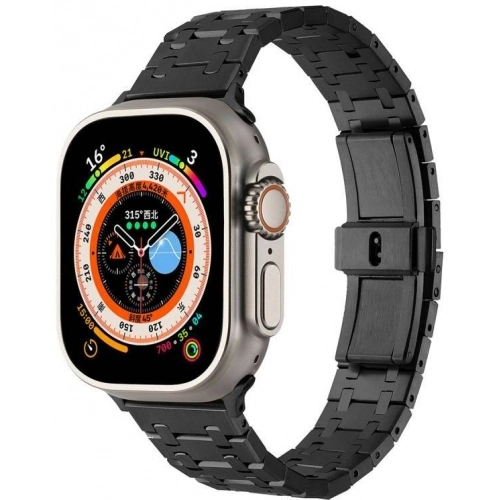 Apple Watch 7 45mm Kordon Şerit Tasarımlı Otomatik Klipsli Çelik KRD-83 - Siyah