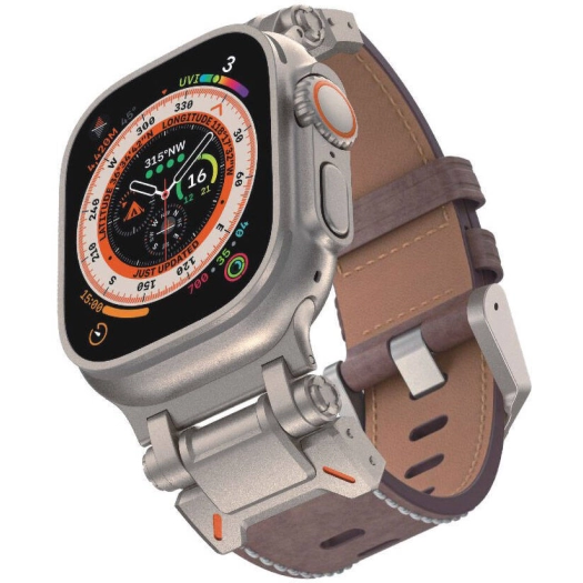 Apple Watch 7 45mm Zore KRD-114 Metal Başlıklı Suni Deri Kordon - Koyu Kahve