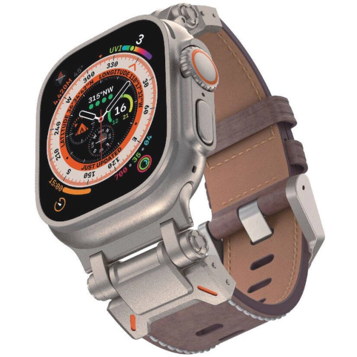 Apple Watch 7 45mm Zore KRD-114 Metal Başlıklı Suni Deri Kordon - Koyu Kahve