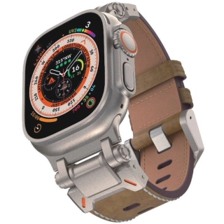 Apple Watch 7 45mm Zore KRD-114 Metal Başlıklı Suni Deri Kordon - Taba