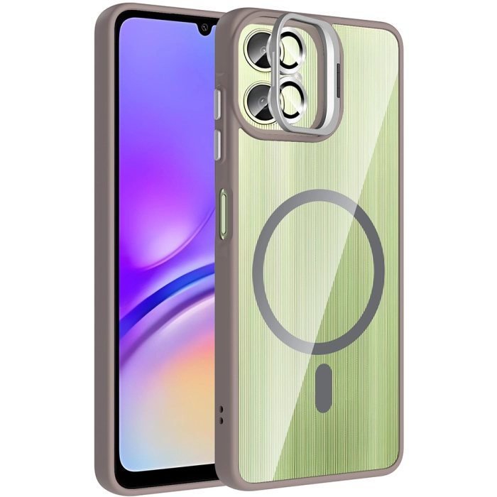 Samsung Galaxy A06 Kılıf Standlı ve Kamera Lens Hediyeli M-Safe Şarj Özellikli Etro Kapak - Gri