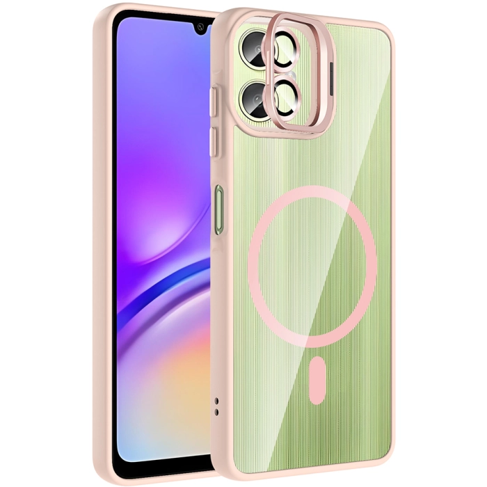 Samsung Galaxy A06 Kılıf Standlı ve Kamera Lens Hediyeli M-Safe Şarj Özellikli Etro Kapak - Pembe