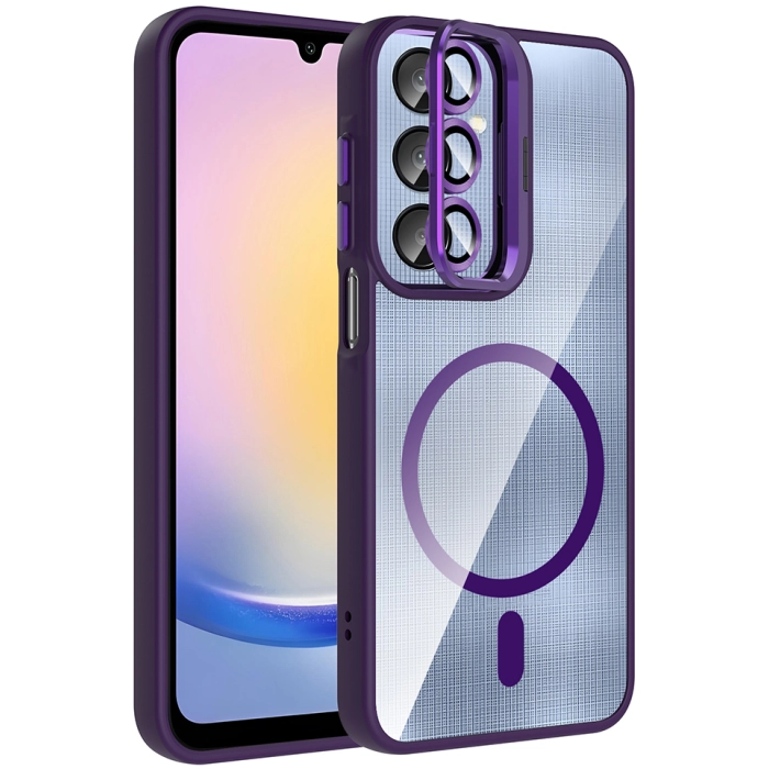 Samsung Galaxy A16 Kılıf Standlı ve Kamera Lens Hediyeli M-Safe Şarj Özellikli Etro Kapak - Derin Mor