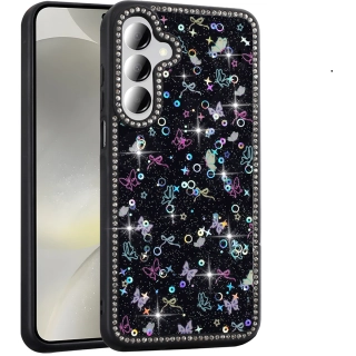 Samsung Galaxy A16 Kılıf Taşlı ve Simli Tasarım Lux Işıltılı Azra Kapak - Siyah