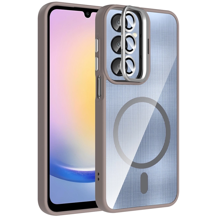 Samsung Galaxy A25 Kılıf Standlı ve Kamera Lens Hediyeli M-Safe Şarj Özellikli Etro Kapak - Gri
