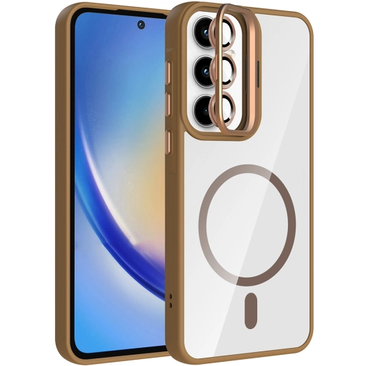 Samsung Galaxy A35 Kılıf Standlı ve Kamera Lens Hediyeli M-Safe Şarj Özellikli Etro Kapak - Desert Titanyum