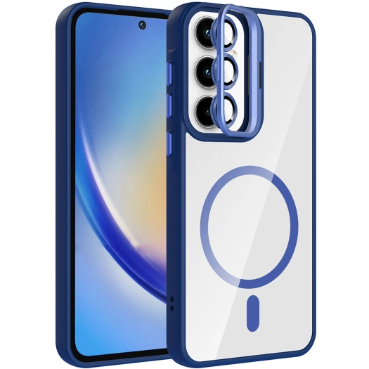 Samsung Galaxy A35 Kılıf Standlı ve Kamera Lens Hediyeli M-Safe Şarj Özellikli Etro Kapak - Lacivert