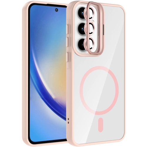 Samsung Galaxy A35 Kılıf Standlı ve Kamera Lens Hediyeli M-Safe Şarj Özellikli Etro Kapak - Pembe