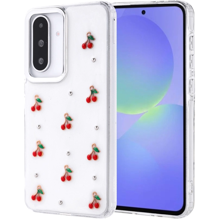 Samsung Galaxy A36 Kılıf Airbag Tasarımlı Simli Şeffaf Zore Kutup Kapak - Kiraz