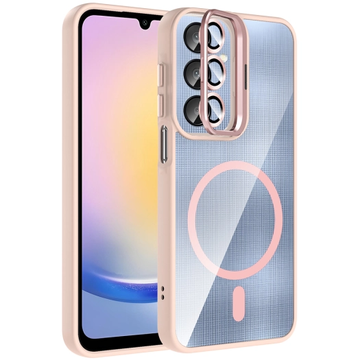 Samsung Galaxy A36 Kılıf Standlı ve Kamera Lens Hediyeli M-Safe Şarj Özellikli Etro Kapak - Pembe