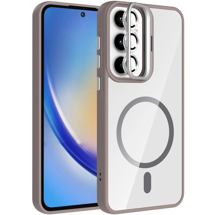 Samsung Galaxy A55 Kılıf Standlı ve Kamera Lens Hediyeli M-Safe Şarj Özellikli Etro Kapak - Gri