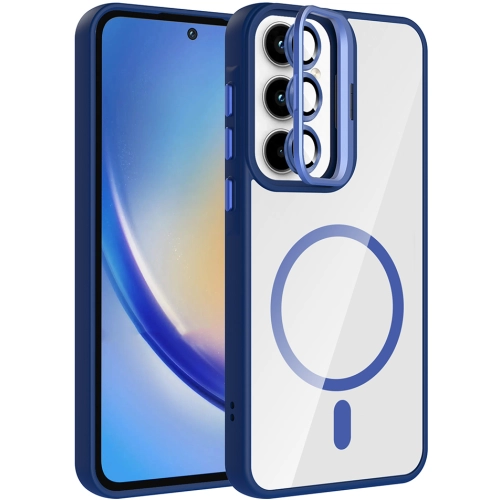 Samsung Galaxy A55 Kılıf Standlı ve Kamera Lens Hediyeli M-Safe Şarj Özellikli Etro Kapak - Lacivert