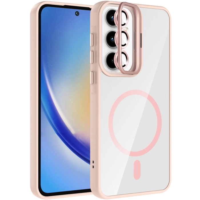 Samsung Galaxy A55 Kılıf Standlı ve Kamera Lens Hediyeli M-Safe Şarj Özellikli Etro Kapak - Pembe