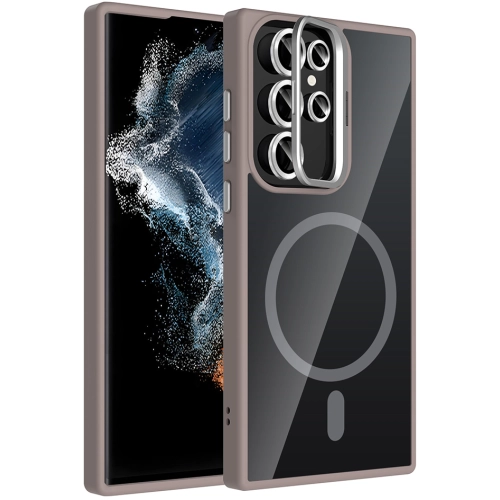 Samsung Galaxy S22 Ultra Kılıf Standlı ve Kamera Lens Hediyeli M-Safe Şarj Özellikli Etro Kapak - Gri